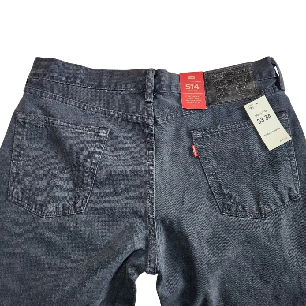 LEVI'S 514 Premium Straight Jeans Mens 33 x 34 Black‎ Dark Distressed Denim NEW